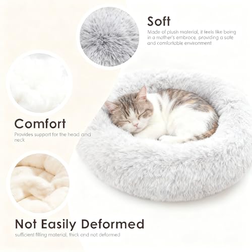 20in Donut Pet Bed, Calming Cushion for Small/Medium Dogs & Cats, Fluffy, Washable Light Brown