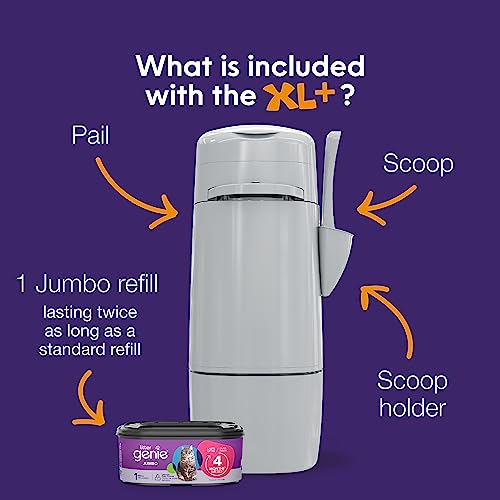 Litter Genie XL+ Pail with 24 ft Jumbo Refill, Ideal for Multi-Cat Homes | Large odour-locking pail, holds up to 21 days of cat litter, and includes a Jumbo Refill lasting up to 4 months for 1 cat.