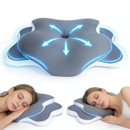 Cervical Neck Pillow Memory Foam, 2 in 1 Butterfly Contour Pillow for Neck Pain Relief, Ergonomic Support Pillow with 2 Heights for Side Back Stomach Sleeper, Breathable Ice Silk Cover