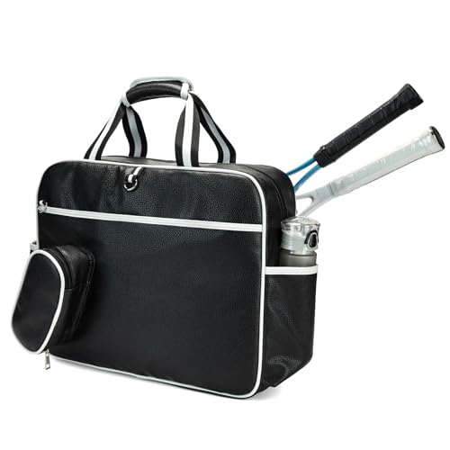 Tennis Bags Tennis Tote Bags Black PU Leather Women Men Women Portable Gym Bag Water Bottle Holder Sport Shoulder Straps Rackets Shoulder Bag Can Hold 2 Rackets