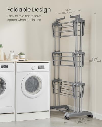 SONGMICS Clothes Drying Rack 4-Tier, Foldable Laundry Drying Rack 177.5 cm Tall, Extendable Rods, Stainless Steel, Rolling Clothes Horses, Laundry Airer, Indoor Outdoor Use, Dove Gray ULLR704G01