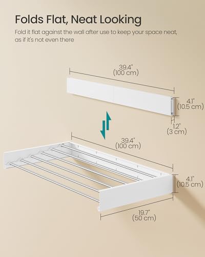 SONGMICS Wall Mounted Drying Rack, Clothes Drying Rack Foldable, 100 cm Wide Laundry Clothes Airer with Wall Template, 6 Fold-Out Aluminum Alloy Bars, Indoor, Matte White ULLR810WE01