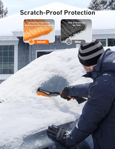 AstroAI 27" Snow Brush & Ice Scraper for Car Windshield Snow Remove, 2 Pack | Orange, Durable Heavy Duty Bristles, Scratch-Free, Detachable, Foam Grip, Winter Accessory for Car, SUV, Truck, Storage Bag