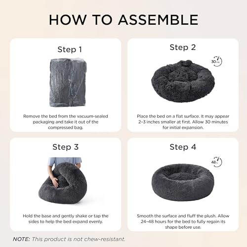 Bedsure SupportMax® Calming Dog Bed Medium Size Dog Washable Pet Bed,30in | 420GSM Plush Fluffy Faux Fur Donut Round,Thick Supportive,Removable Cover,Anti-Slip,Anti-Anxiety,Up to 45 Lbs,Dark Grey