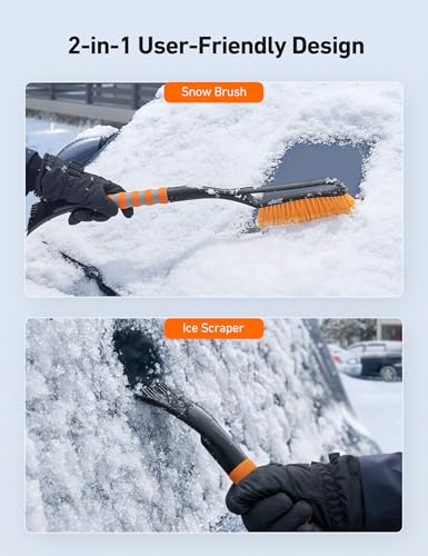AstroAI 27" Snow Brush & Ice Scraper for Car Windshield Snow Remove, 2 Pack | Orange, Durable Heavy Duty Bristles, Scratch-Free, Detachable, Foam Grip, Winter Accessory for Car, SUV, Truck, Storage Bag
