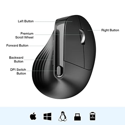 Wireless Vertical Mouse, PINKCAT 2.4G Silent Advanced Ergonomic Mouse with USB Receiver, 3 Adjustable DPI Optical Wireless Ergo Mouse for Laptop, PC, Notebook, Deskbtop, MacBook, Surface - (Black)