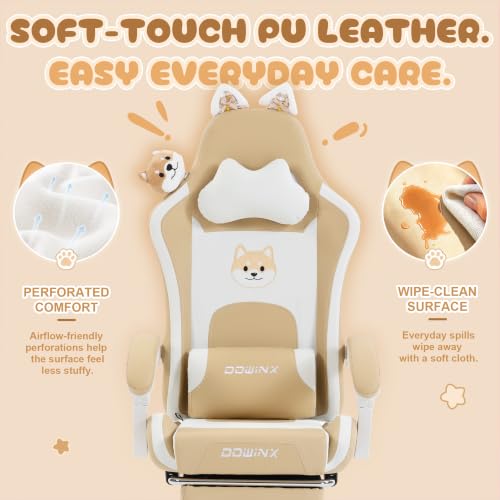 Dowinx Cat Ear Gaming Chair for Adults, Ergonomic Computer Chair with Massage Lumbar Support, Reclining Gamer Chair with Footrest and Headrest, 290 lbs