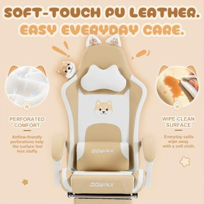 Dowinx Cat Ear Gaming Chair for Adults, Ergonomic Computer Chair with Massage Lumbar Support, Reclining Gamer Chair with Footrest and Headrest, 290 lbs