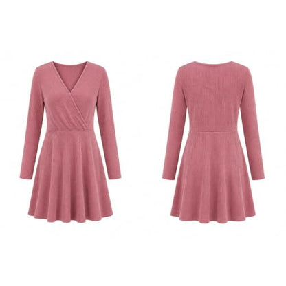 Knit Dress for Women V Neck Long Sleeve Mini Dresses with Pockets