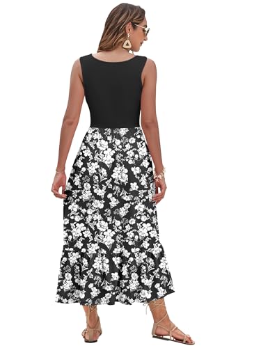 WNEEDU Boho Dresses for Women V Neck Beach Dress Black White Flower XL