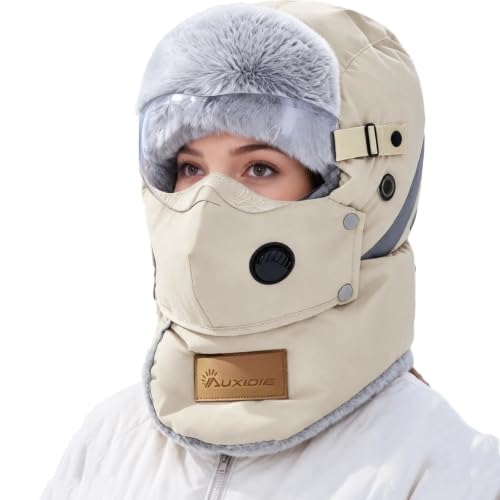 Generic Unisex Winter Trapper Hats Windproof Plush Fleece Hat with Goggles | 4 in 1 Winter Thermal Hat with Glasses, Cold Weather Warm Ski Hat for Men Women, Full Face Cover Fleece Lined Earflap Hat