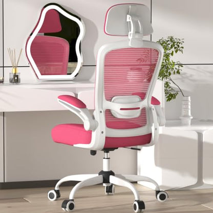 Mimoglad Office Chair, Comfy Desk Chair - High Back Ergonomic Computer Chair with Adjustable Lumbar Support & Headrest, Flip-up Armrests for Guitar Playing (Barbie Pink)