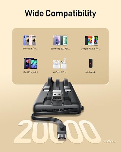 VEEKTOMX Portable Charger Built-in Cables 20000mAh Power Bank for iPhone USB C Fast Charging Battery Bank Travel Essential Battery Pack Power Bank for iPhone, Samsung, iPad, Andriod, etc