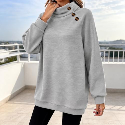 Mockneck Sweatshirt Sweatshirt for Women Trendy Mock Neck Button Decor Long Sleeve Pullover Top, Casual Loose Fit Solid Sweatshirts Gray