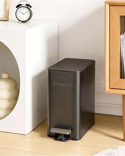 GTOOBOSE 10L/2.6G Slim Bathroom Trash Can, Narrow Stainless Steel Soft-Close Step Pedal Bin with Lid, Odor Control Carbon Box, Removable Inner Bucket, Small Waste Bin for Bedroom, Office, RV (Gray)