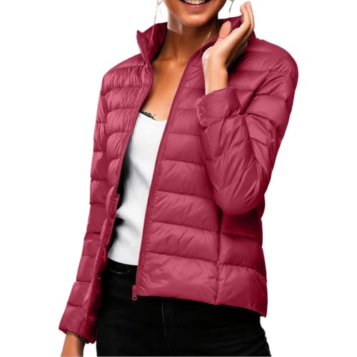 Womens Winter Jackets Women Lightweight Quilted Puffer Jacket Stand Collar Zip Up Short Padded Coat Winter Fashion Outerwear with Pockets Wine Small