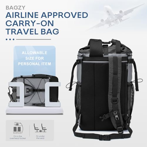 BAGZY 17x13x6 inch Personal Item Bag 40x30x15cm Under Seat Travel Backpack Rolltop Laptop Backpack Carry on Bag for Work,Travel,Weekend,Casual Caki