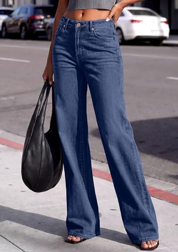 PRETTYGARDEN Women's Wide Leg Jeans High Waisted Denim Pants Deep Blue,4 | Stretchy Flare Jeans, Comfy Soft, Basic-5-Pocket, Trendy Bottoms, Casual Office Wear, Going Out Outfits, Fashion Clothing