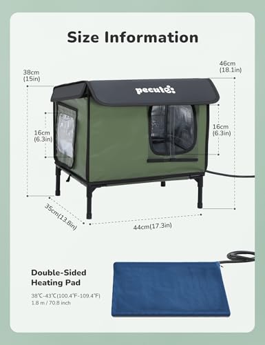 Pecute Heated Outdoor Cat House, Weatherproof Insulated Shelter | 6-layer insulation, 2 Exits, Reinforced Metal Frame, Adjustable Canopy, Washable Pad, For Feral Cats, Porch, Barn, Winter