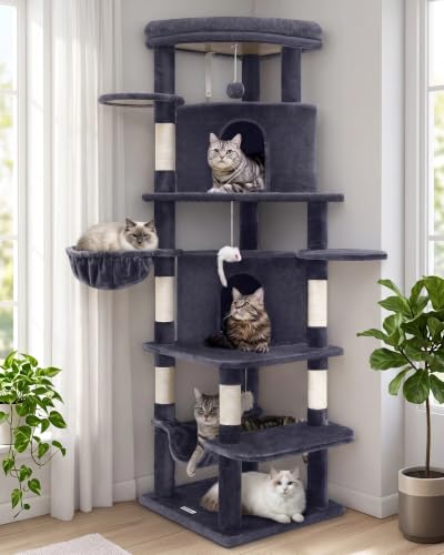 Globlazer Corner Stable Cat Tree Tower for Indoor Large Cats, Dark Grey | 66in Tall Curved Series Large Cat Condo with 6 Sisal Scratching Posts, 2 Spacious Caves, Large Hammock, Hanging Basket, C66