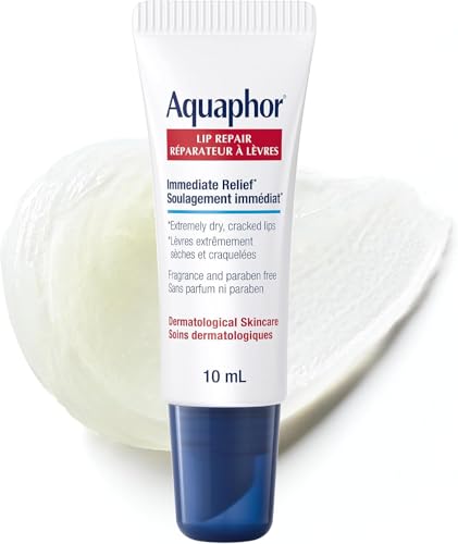 Aquaphor Lip Repair Lip Ointment for Extremely Dry, Chapped and Cracked Lips, Formulated with Panthenol and Vitamins C and E, Fragrance Free, Non Comedogenic Lip Balm, 10mL