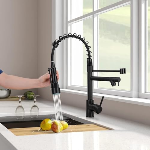 GIFTQOOL Kitchen Faucet with Pull Down Sprayer Dual Pot Filler, Matte Black Stainless Steel Single Handle Kitchen Sink Faucets High Arc Spring Commercial Tap 1 Hole Modern Faucets