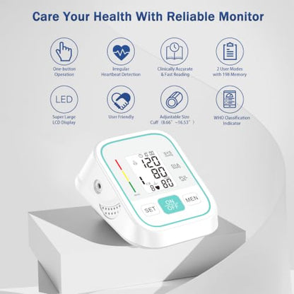 Blood Pressure Monitor,Automatic Digital BP Machine with Large LCD Display,Adjustable Blood Pressure Cuff for Home Health Monitoring with 2×99 Sets Memory, Green