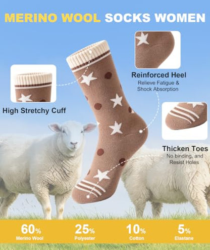 SIMIYA 5 Pairs Merino Wool Socks for Women Warm Extra Thick Winter Thermal | Super Warm for Cold Weather, Cozy Soft, Moisture-Wicking, Reinforced Toe, Crew Hiking Socks for Work Daily, Fun Cute Design