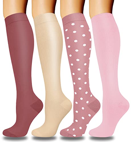 DHSO Compression Socks for Women Men, 4 Pairs 15-20 mmHg Knee High Stocking