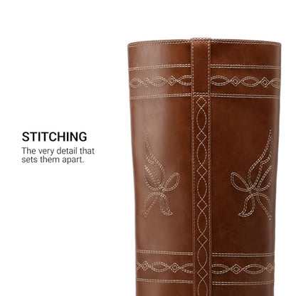 DREAM PAIRS Women's Knee High Boots Square Toe Stitched Tall Boots Embroidery Pull On Comfortable Long Boots for Country Concert,Size 7,Brown,SDKB26006W