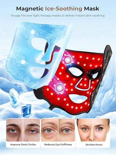 Aurphany Red Light Therapy Mask with Cooling Gel Pack, 7-Color NIR 850nm LED Face Light Therapy, Skin-Friendly Silicone Skincare Device, Rechargeable Remote - 180 Mins Use, Home Travel Gift, Black Gold
