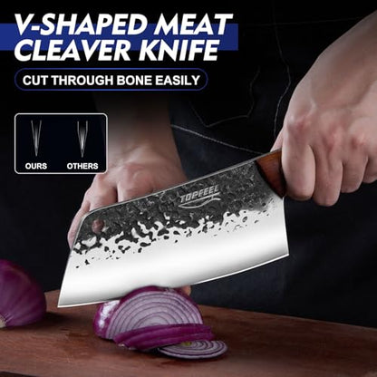 8PCS Chef Butcher Fish Knife Set for Meat Cutting with Roll Bag, Hand Forged Meat Cleaver Knife Boning Carving Knife Set for Home、Camping、BBQ