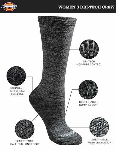 Dickies Women's Dri-tech Fashion Moisture Control Crew Socks, Available in S-XL (5, 6, 12 Pairs), Black Stripe (6 Pairs), X-Large