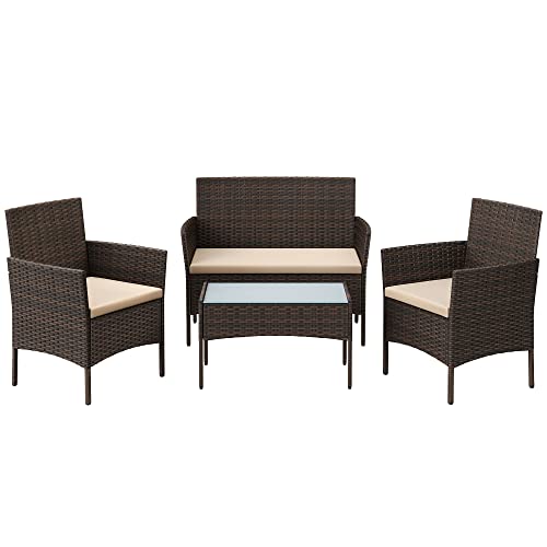 SONGMICS Patio Furniture Set, Outdoor PE Rattan Conversation Sets | Outdoor Table and 2 Chairs, Loveseat, Patio Garden Furniture, for Balcony Deck, Brown and Beige UGGF004KZ02