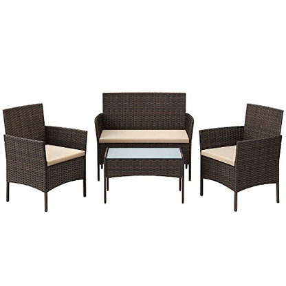 SONGMICS Patio Furniture Set, Outdoor PE Rattan Conversation Sets | Outdoor Table and 2 Chairs, Loveseat, Patio Garden Furniture, for Balcony Deck, Brown and Beige UGGF004KZ02