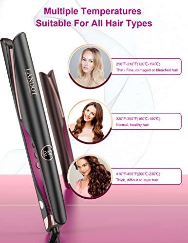 LANDOT Hair Straightener and Curler 2 in 1, Twist Flat Iron 1" Dual Voltage