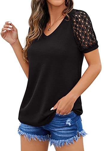 IWOLLENCE Waffle Knit Lace Short Sleeves Blouses V Neck T Shirt Summer Casual Tops for Women Black Medium