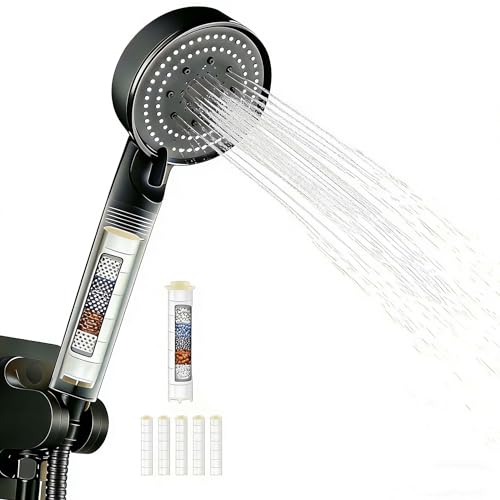 NIISDROP Filtre Pommeau de Douche Noir, Haute Pression 5 Jets, Billes Adoucisseur d'Eau pour Eau Dure Déchloration