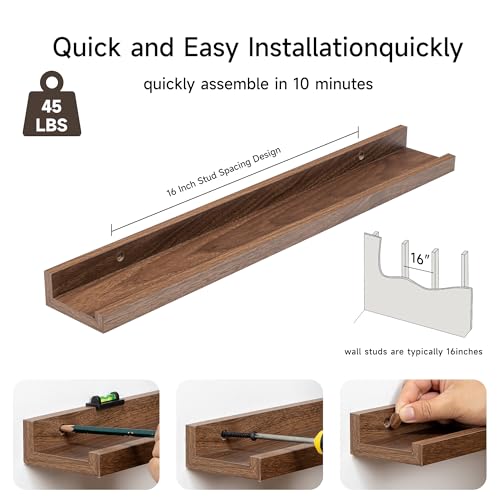 Fun Memories Picture Ledge Shelf, 24 Inch Floating Shelves Set of 2, Nursery Book Shelves for Toys Storage, Kids Bookshelf Wall Mounted for Wall Decor Books Photo Frames, Walnut
