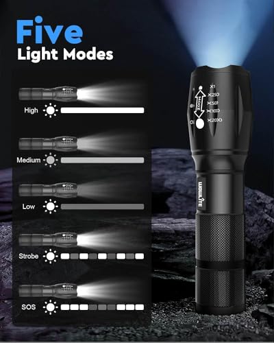 wowlite Tactical Flashlight, Wowlite Ultra Bright XML T6 LED Torch with 5 Light Modes & Adjustable Focus for Emergency Camping Hiking (2 Pack)