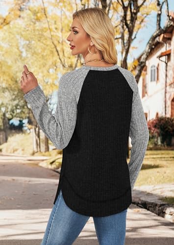 🌈 MANY DIFFERENT COLOR CHOICES - WIHOLL Womens Sweaters Fall Long Sleeve Shirt Women Color Block Sweatshirts Dressy Casual Tunics Trendy 2026 Paneled Grey Black S