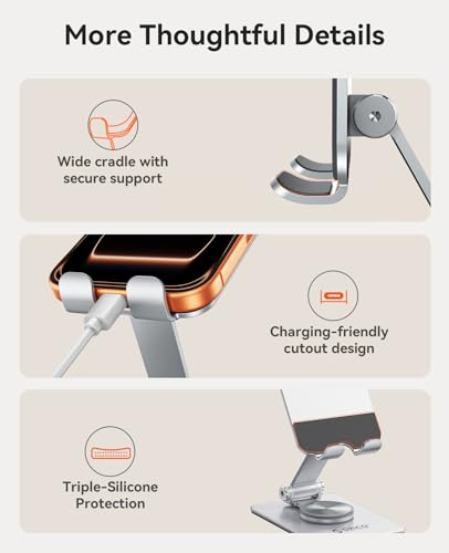 ORICO Aluminum Phone Stand for Desk, Adjustable Metal Phone Holder with Stable Support and Smooth 360° Rotation for Smartphones up to 6.9 Inches – Silver (PS2)