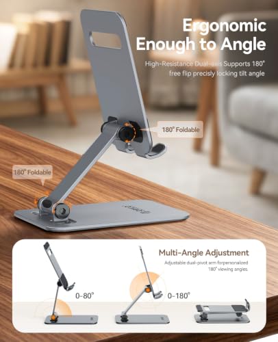 ORICO Heavy Duty Metal Phone Stand for Desk, Adjustable Cell Phone Holder | 7.8 oz Weighted Metal Design With 180° Dual-Axis Tilt, Full Silicone Anti-Scratch Base, Stable Support - PS3, Gray