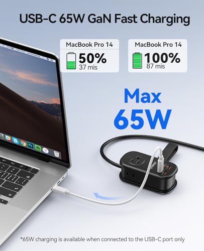 ORICO 65W GaN Travel Power Strip with 7-in-1 Charging Ports (3 AC Outlets/2 USB-A/2 USB-C), Flat Plug and 4FT Extension Cord, Fast Charger for MacBook Pro/Air, iPad Pro, iPhone 17/16/15- AP3