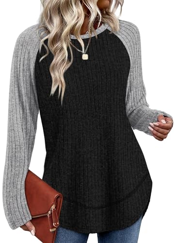 🌈 MANY DIFFERENT COLOR CHOICES - WIHOLL Womens Sweaters Fall Long Sleeve Shirt Women Color Block Sweatshirts Dressy Casual Tunics Trendy 2026 Paneled Grey Black S