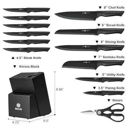 Knife Set, 15 Piece Kitchen Set with Block, Self Sharpening, Dishwasher Safe, 6 Steak Knives, Anti-Slip Handle, Black
