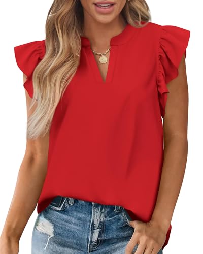 BTFBM Womens Tops V Neck Ruffle Cap Sleeve Loose Solid Blouses,R,S Red