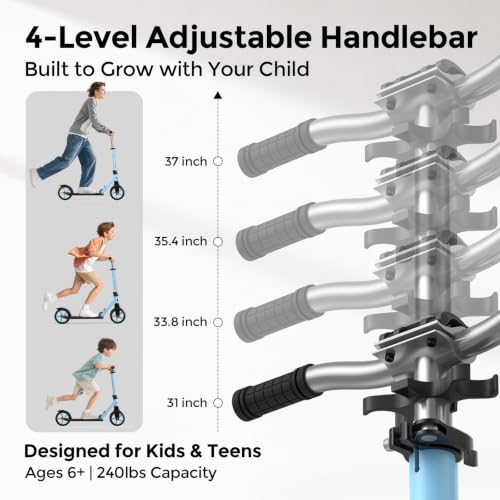 WAYPLUS Kick Scooter for Ages 6+,Kid, Teens & Adults. Max Load 240 LBS. Foldable, Lightweight, 8IN Big Wheels for Kids, Teen and Adults, 4 Adjustable Levels. Bearing ABEC11