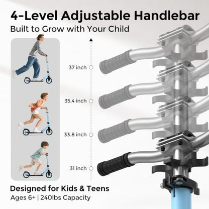 WAYPLUS Kick Scooter for Ages 6+,Kid, Teens & Adults. Max Load 240 LBS. Foldable, Lightweight, 8IN Big Wheels for Kids, Teen and Adults, 4 Adjustable Levels. Bearing ABEC11