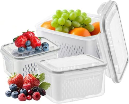 4 in 1 Food Storage Container, Set of 3 Produce Keeper Containers for Fridge, Household Transparent Plastic Food Storage Box-Including Drain Basket, For Vegetable and Berry, Kitchen Organizer